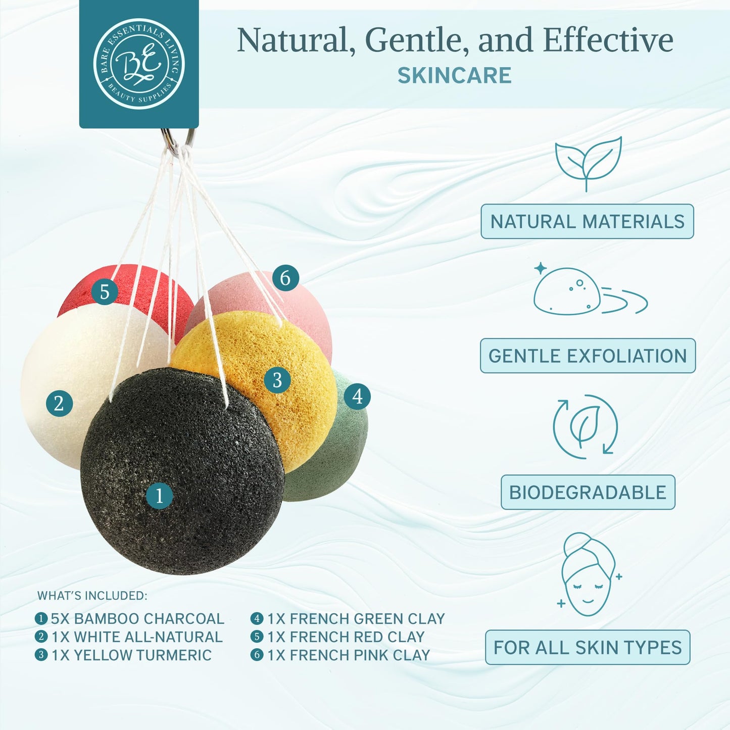 Bare Essentials Living Konjac Sponges Set – 10 Pack with Activated Bamboo Charcoal