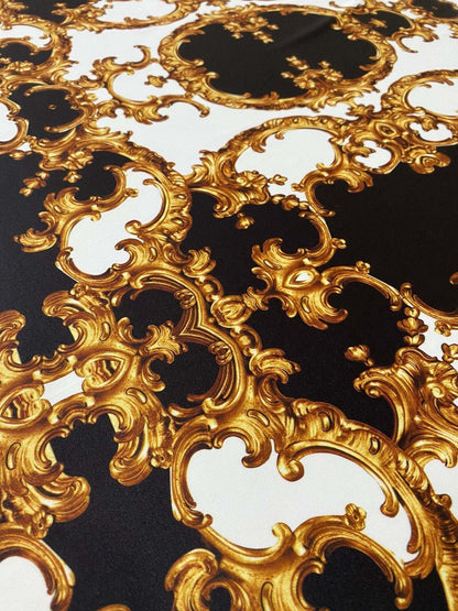 Baroque Black White Gold Patterned Fabric