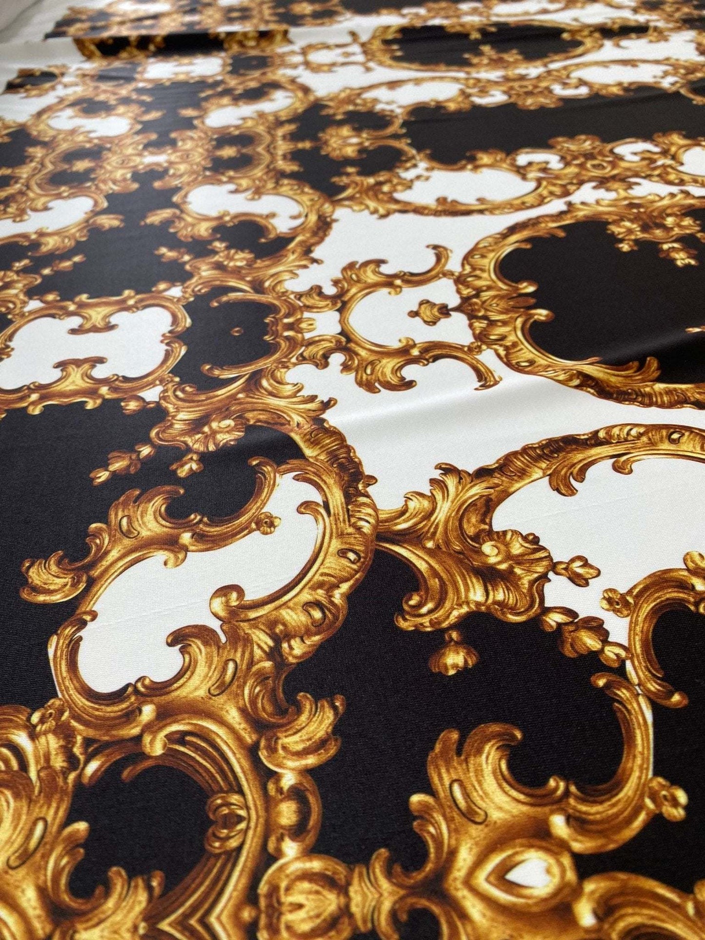 Baroque Black White Gold Patterned Fabric
