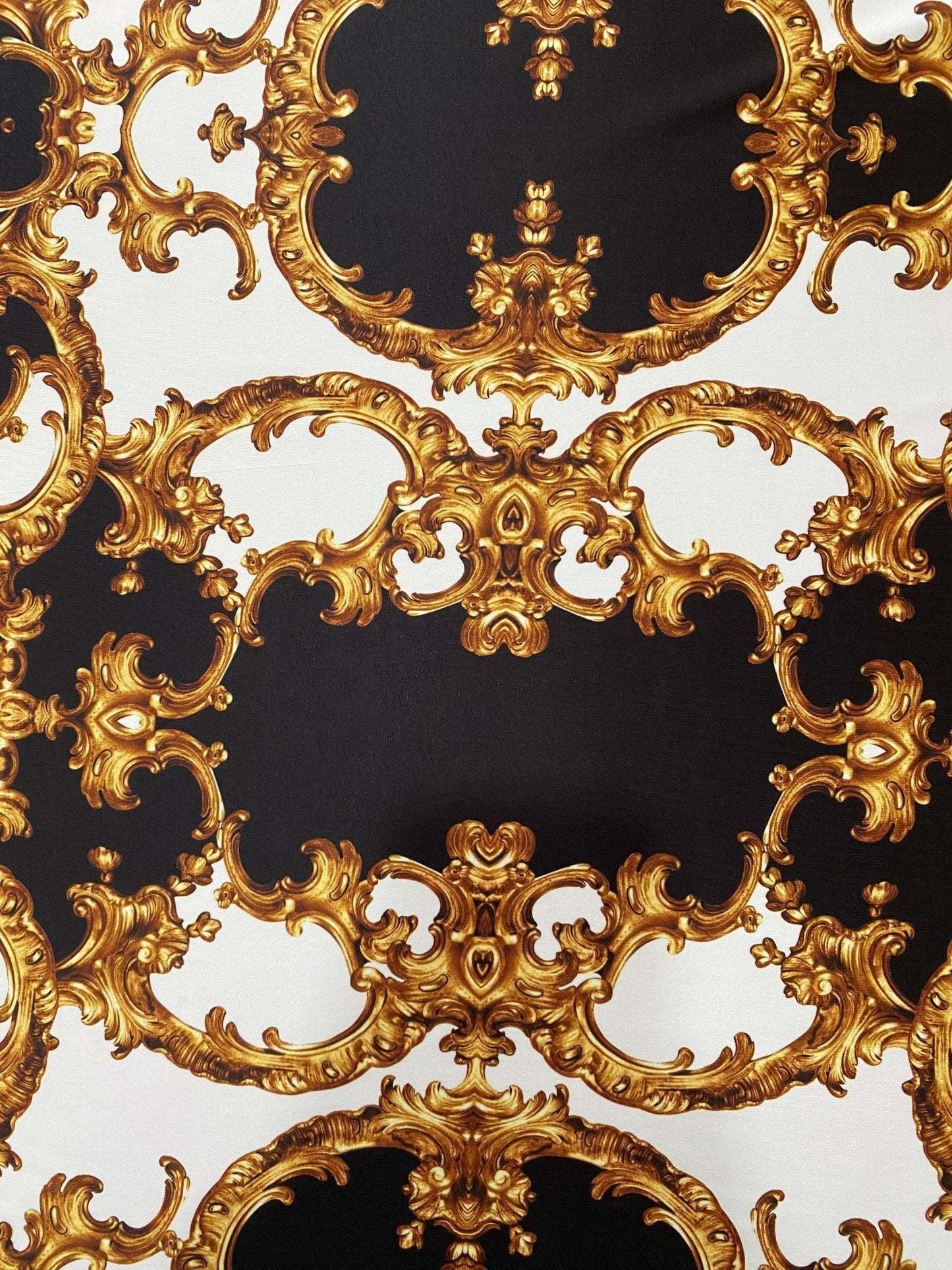 Baroque Black White Gold Patterned Fabric