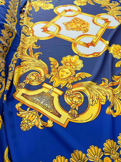 Baroque Gold Pattern Fabric on Royal Blue Background Fabric by Metre
