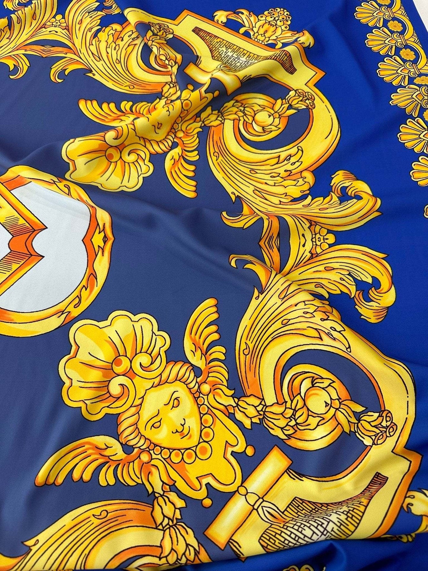 Baroque Gold Pattern Fabric on Royal Blue Background Fabric by Metre