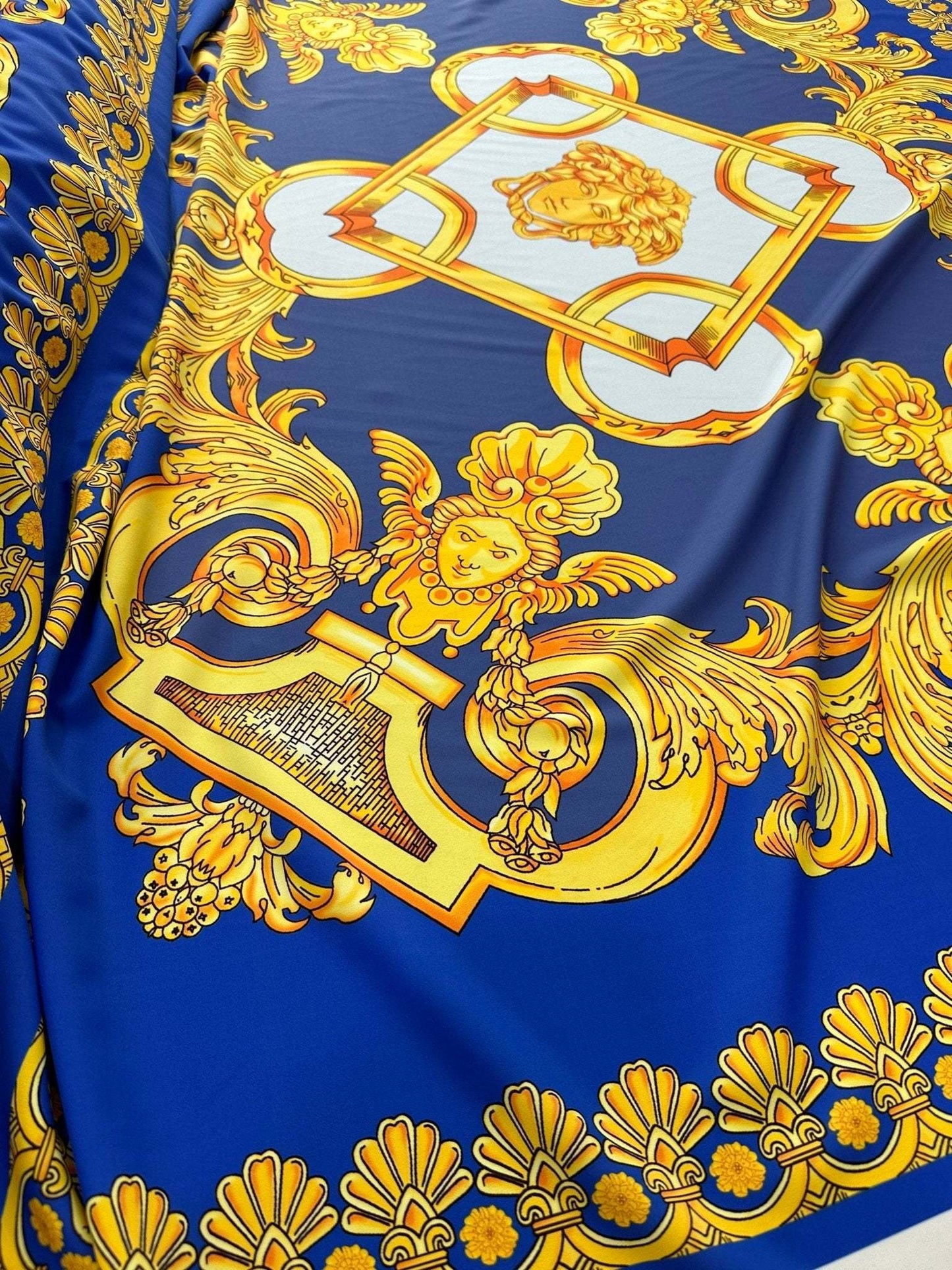 Baroque Gold Pattern Fabric on Royal Blue Background Fabric by Metre
