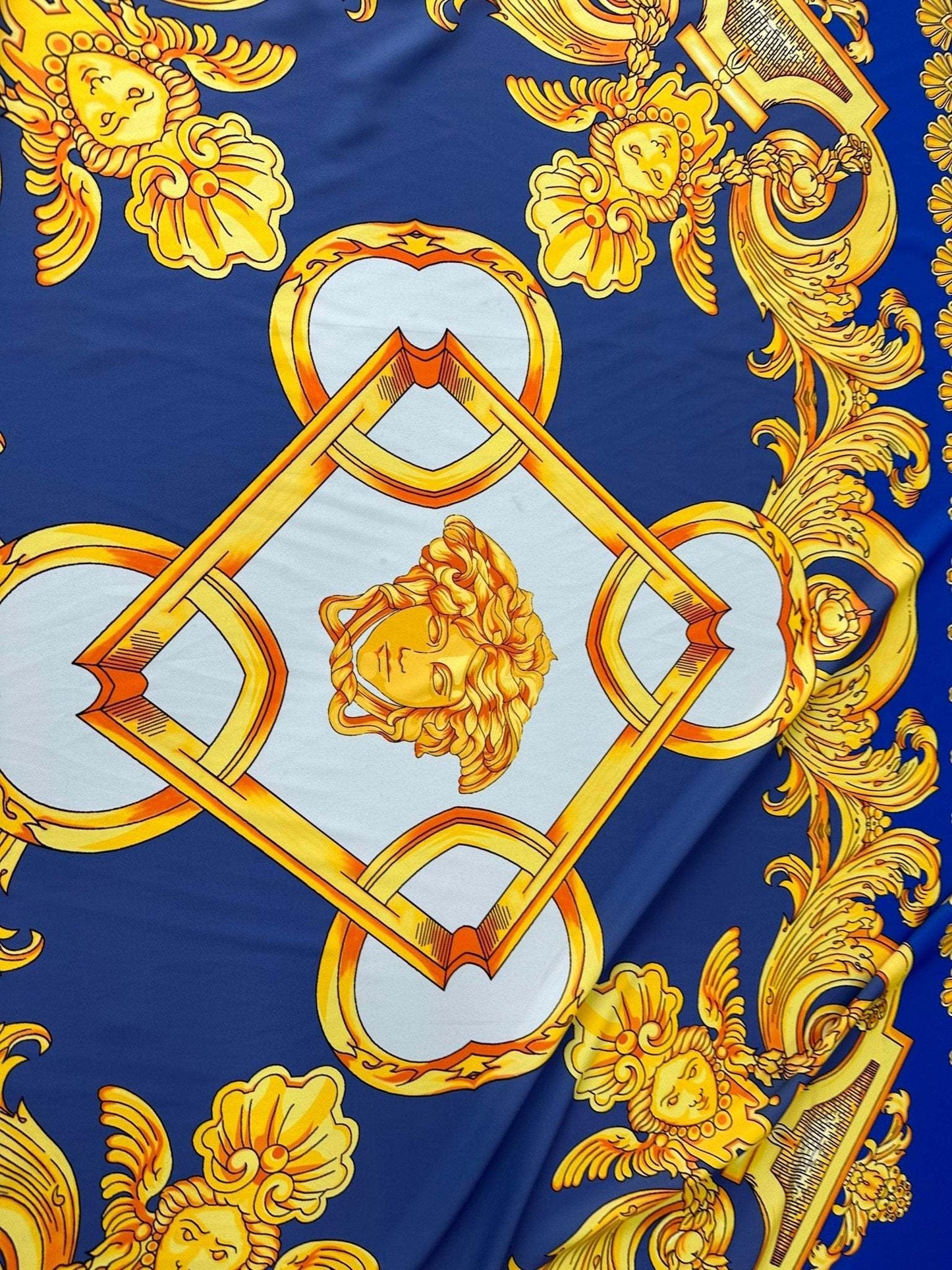 Baroque Gold Pattern Fabric on Royal Blue Background Fabric by Metre