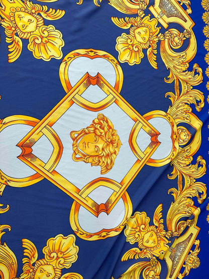 Baroque Gold Pattern Fabric on Royal Blue Background Fabric by Metre