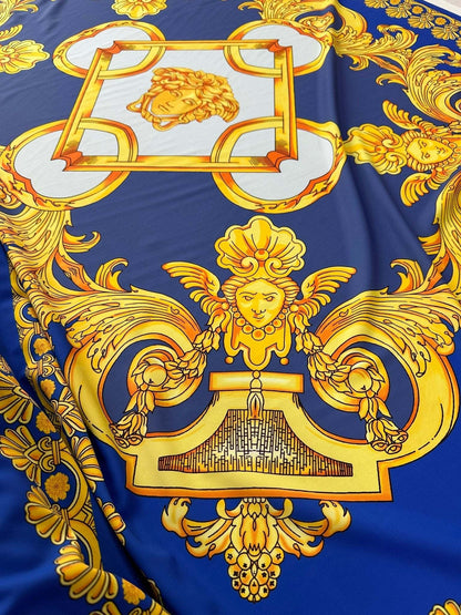 Baroque Gold Pattern Fabric on Royal Blue Background Fabric by Metre