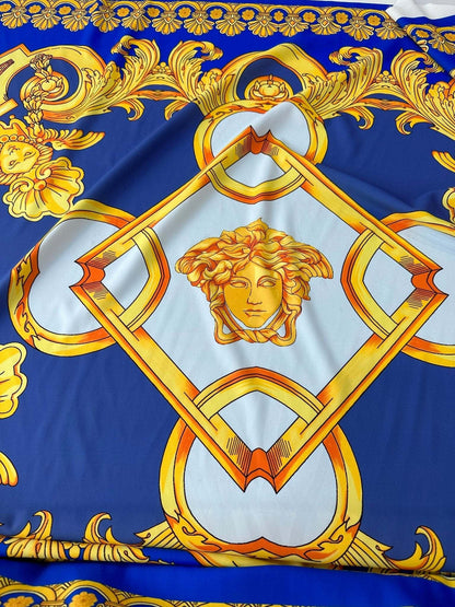 Baroque Gold Pattern Fabric on Royal Blue Background Fabric by Metre