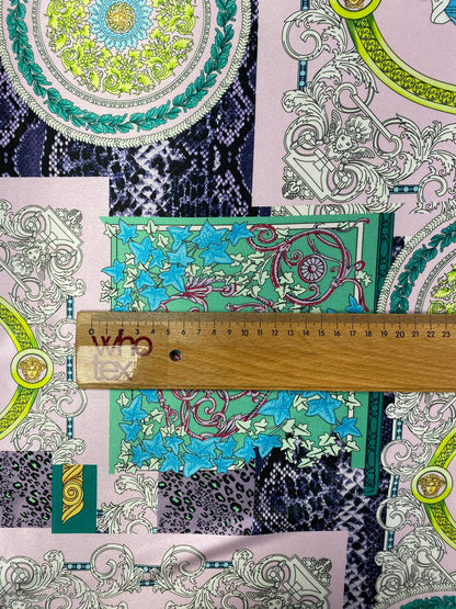 Baroque Pattern Fabric Green Borders and Soft Color Palette Fabric by Metre