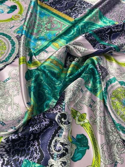 Baroque Pattern Fabric Green Borders and Soft Color Palette Fabric by Metre
