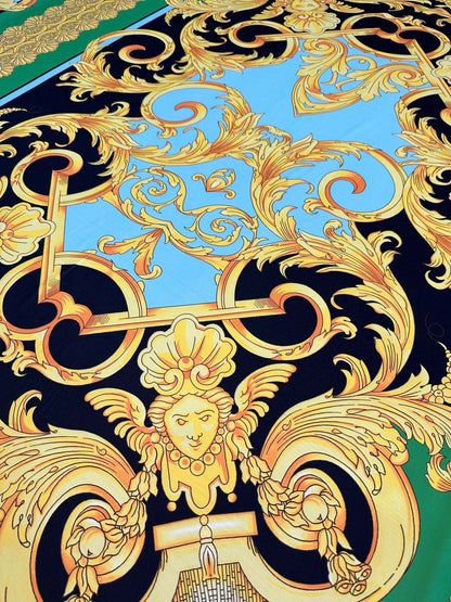 Baroque Scroll Panel Blue Gold Black Fabric by the Metre