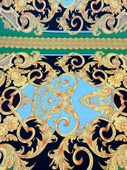 Baroque Scroll Panel Blue Gold Black Fabric by the Metre