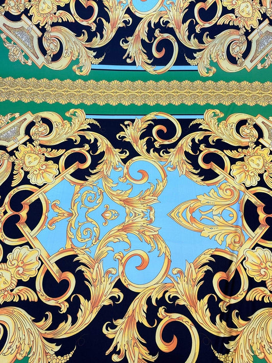 Baroque Scroll Panel Blue Gold Black Fabric by the Metre