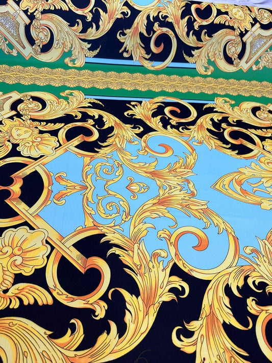Baroque Scroll Panel Blue Gold Black Fabric by the Metre