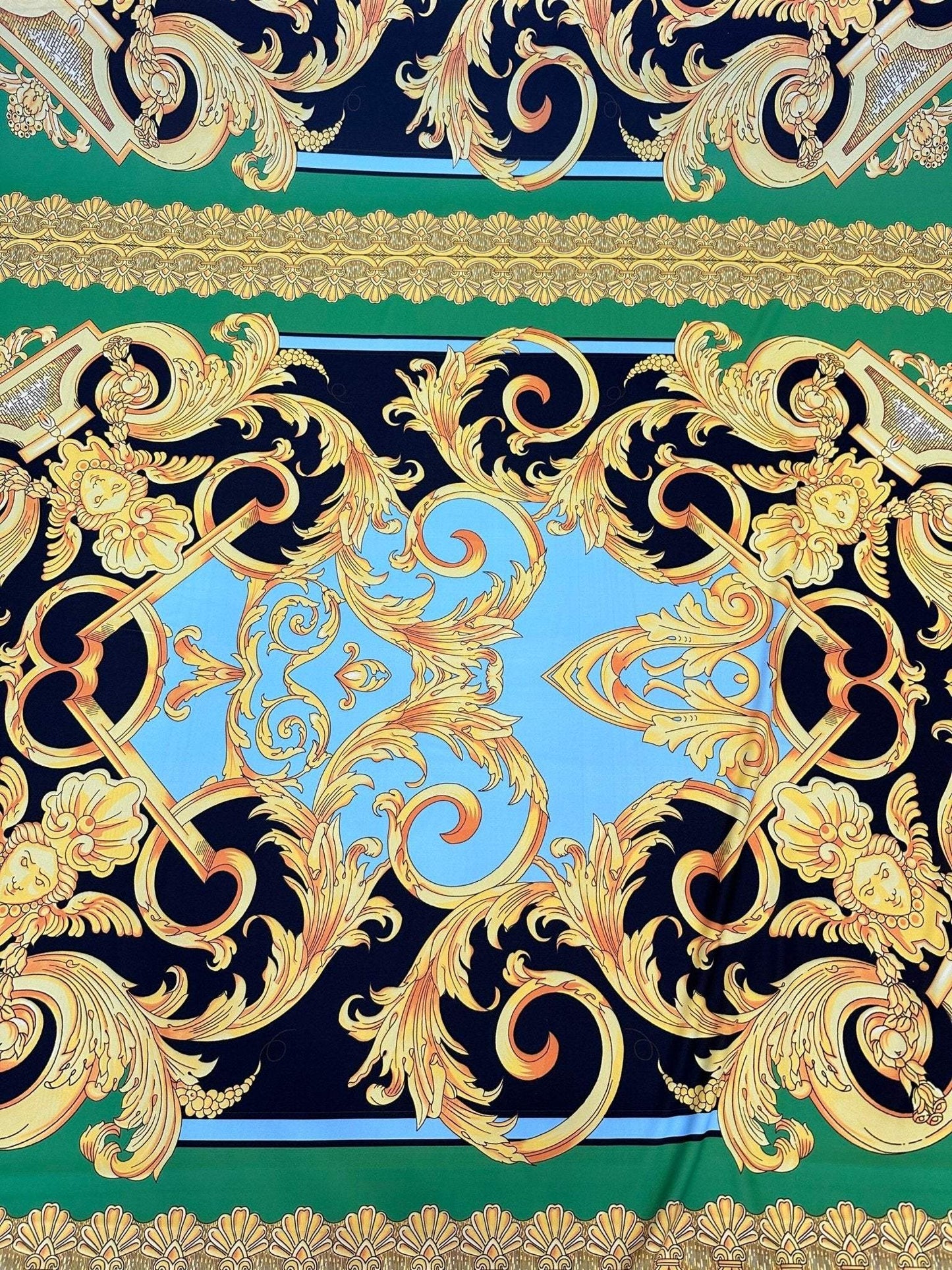 Baroque Scroll Panel Blue Gold Black Fabric by the Metre