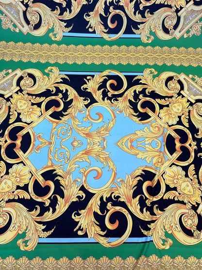 Baroque Scroll Panel Blue Gold Black Fabric by the Metre