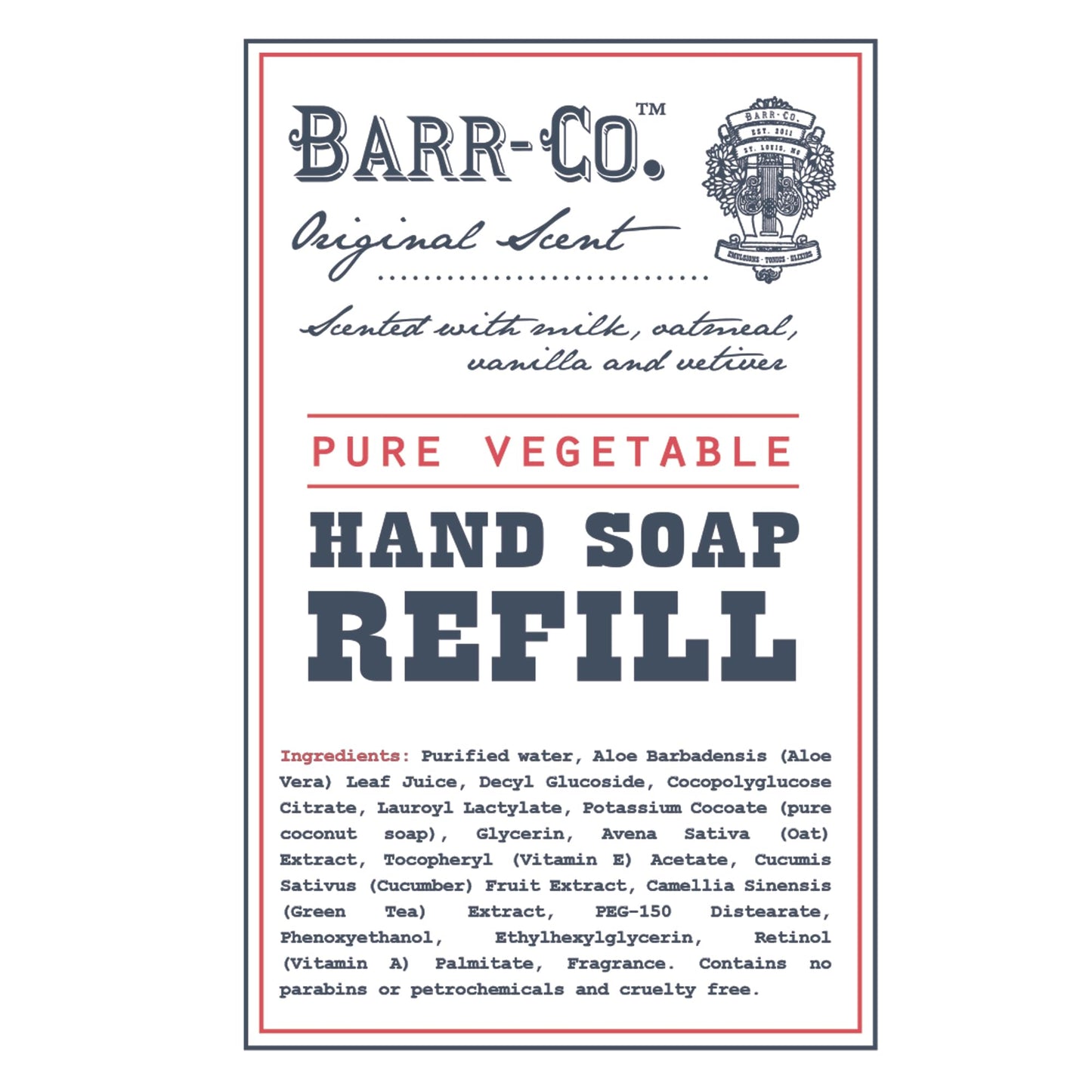 BARR-CO Liquid Soap Refill – Oat, Vanilla & Vetiver – Vegan, Moisturizing 32oz