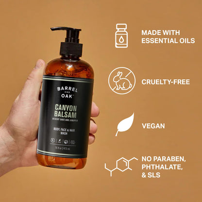 Barrel & Oak All-in-One Wash for Face, Hair & Body – Canyon Balsam, 16 oz | Vegan & Hydrating