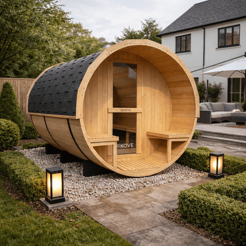 KOVE Outdoor Barrel Sauna – 5–6 Person Garden Sauna with 6kW Electric Heater