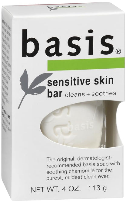 Basis Sensitive Skin Cleansing Bar 4 oz – Fragrance-Free, Dye-Free | Pack of 3