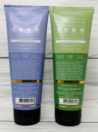Bath & Body Works Aromatherapy Eucalyptus Spearmint & Lavender Vanilla Ultimate Hydration Body Cream — 8 oz Pack of 2