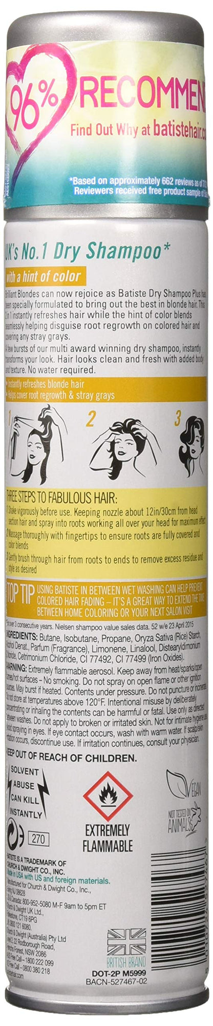 Batiste Dry Shampoo Plus Brilliant Blonde 6.73 oz Pack of 3 – Instant Refresh & Oil Control