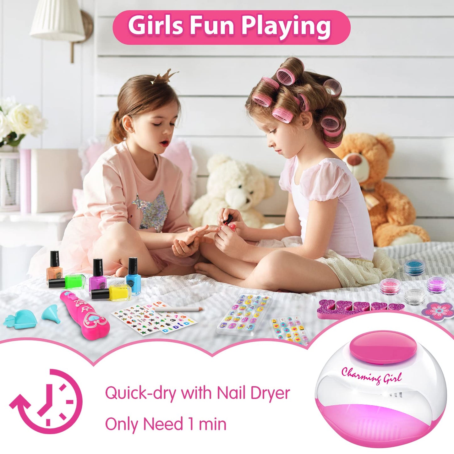 BATTOP Kids Nail Polish Set — Nail Art Kit with Dryer, Glitter Pen, Non-Toxic Polish