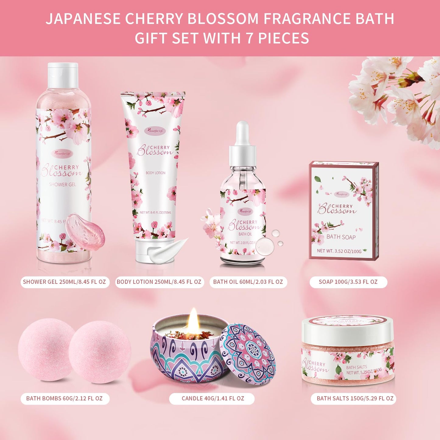 BBlove Japanese Cherry Blossom 7-Piece Bath & Body Gift Set | Luxury Home Spa for Women & Girls