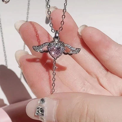Moving Cupid Heart Angel Wings Necklace