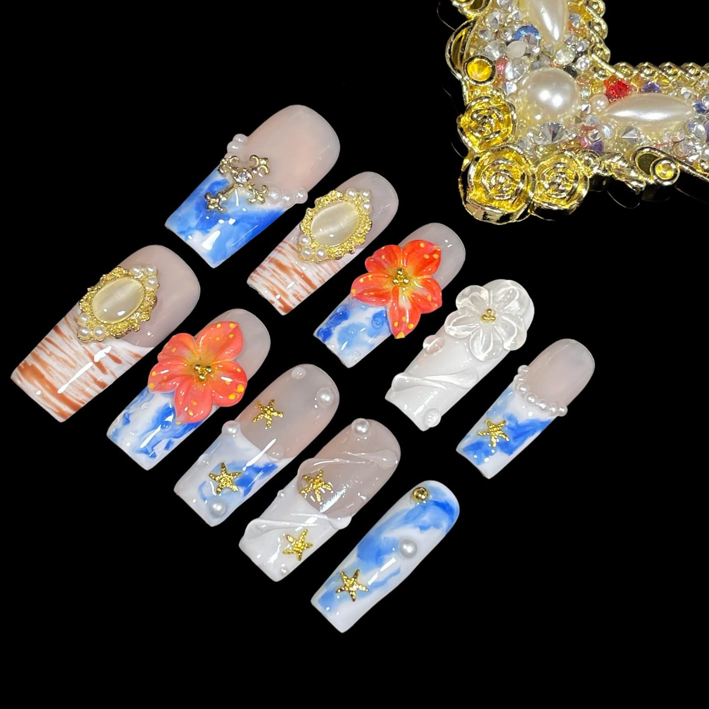 BByogooz Handmade 3D Ocean Design Press-On Nails – Azure, Gold Frame & Pearl Accents (Medium-Long Square)