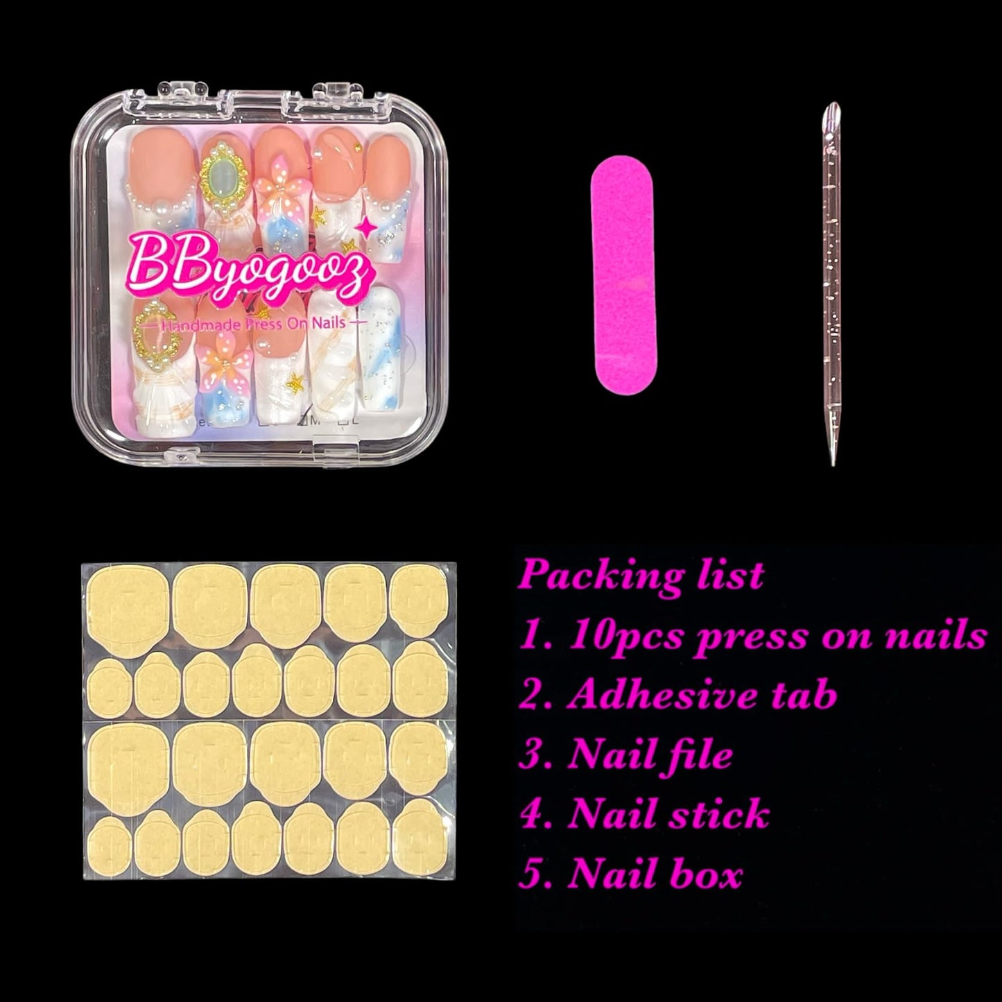 BByogooz Pink 3D Floral & Gold Decor Press-On Nails – Medium-Long Square, Reusable Acrylic