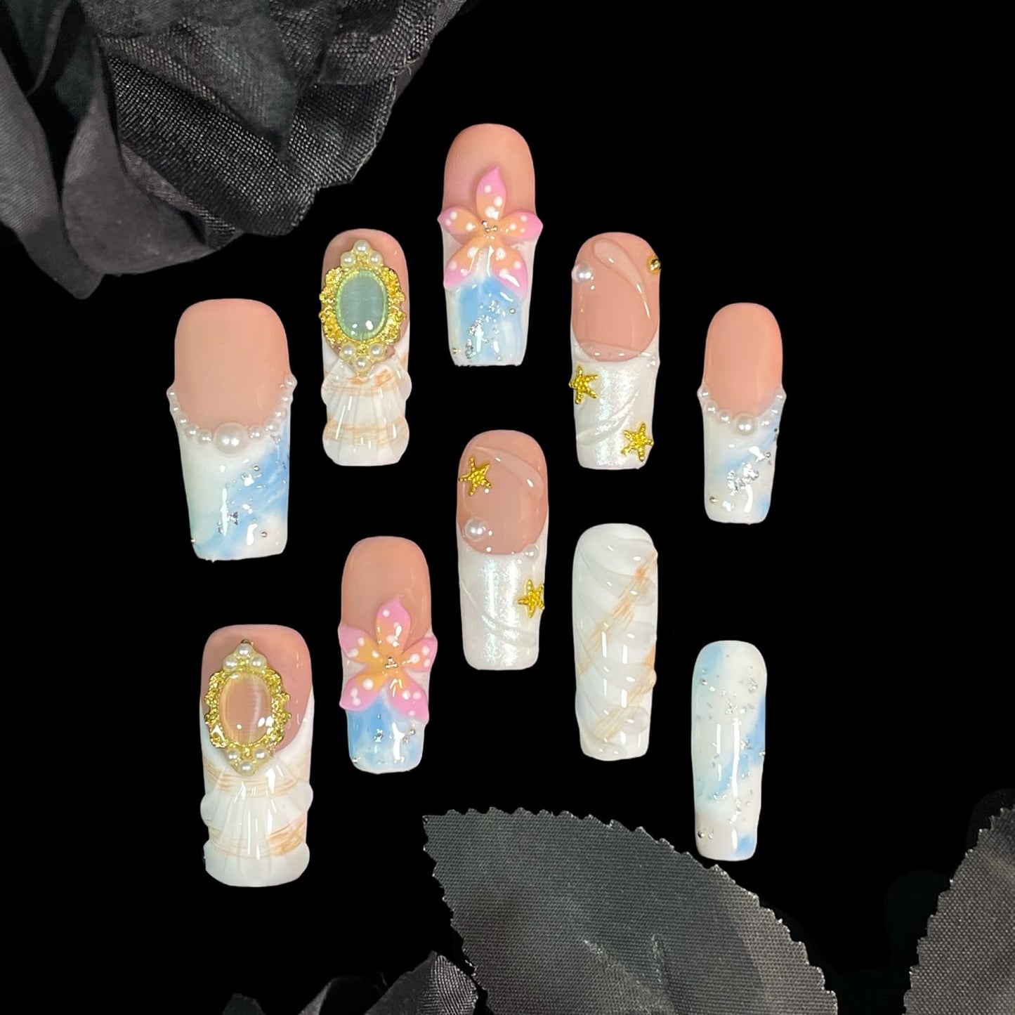 BByogooz Pink 3D Floral & Gold Decor Press-On Nails – Medium-Long Square, Reusable Acrylic