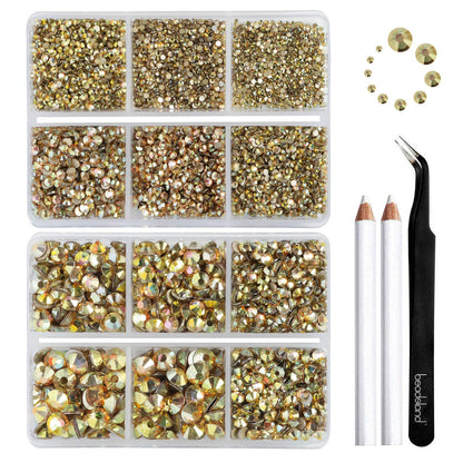 Beadsland 8300Pcs Flatback Rhinestones Kit – Gold Nail Gems in 10 Sizes SS3-SS30 with Wax Pencil & Tweezers
