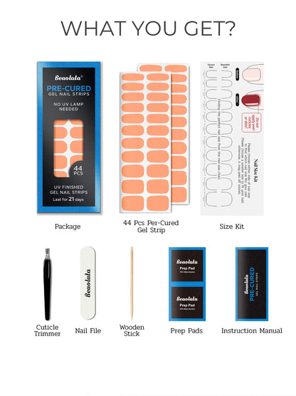 Beaolata Pre-Cured Gel Nail Strips – 44PCS, Salon Quality, No UV Light, Marigold Orange