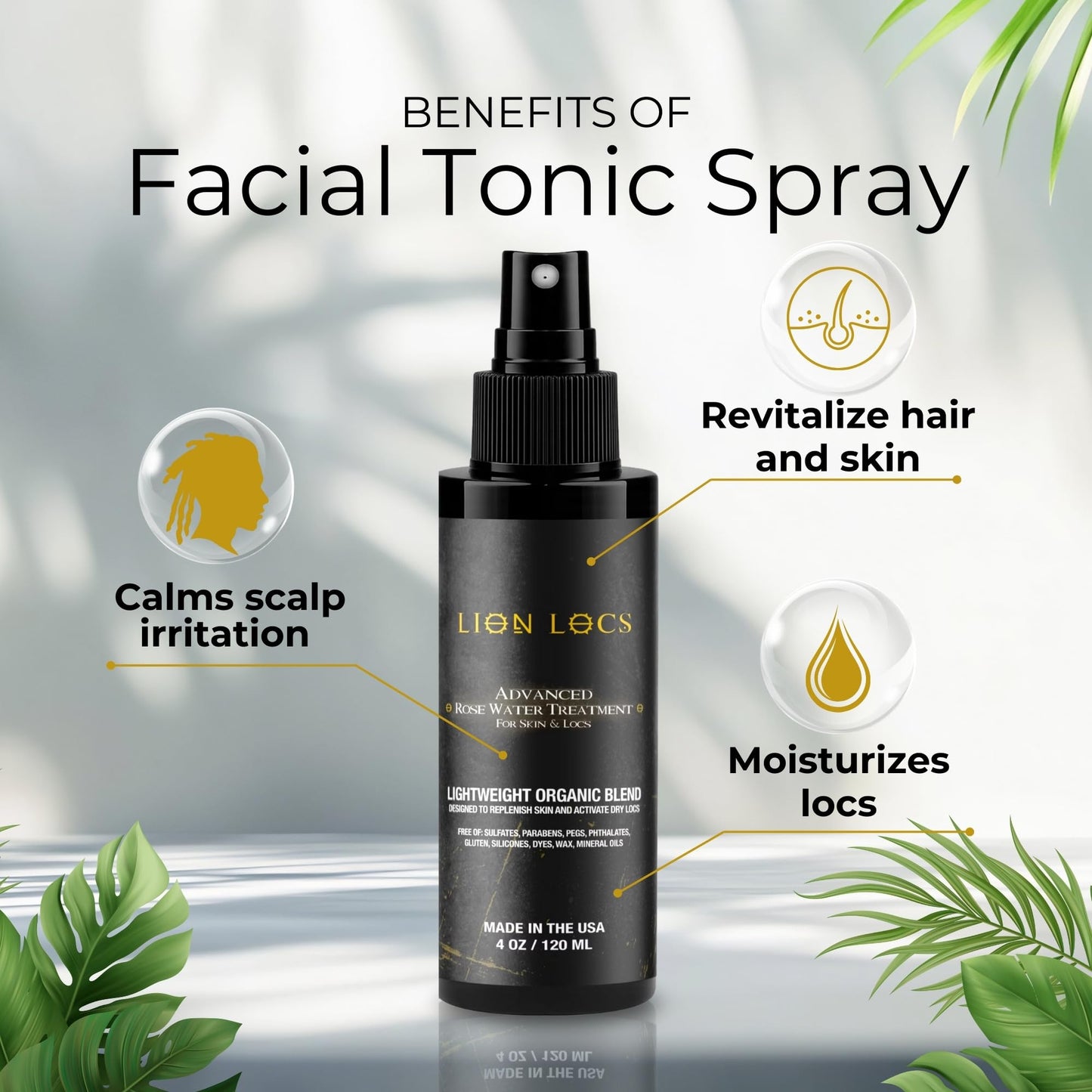 Beard Gains Lion Locs Rosewater Moisturizing Spray | Rose Water for All Hair Types (4oz, Blush)