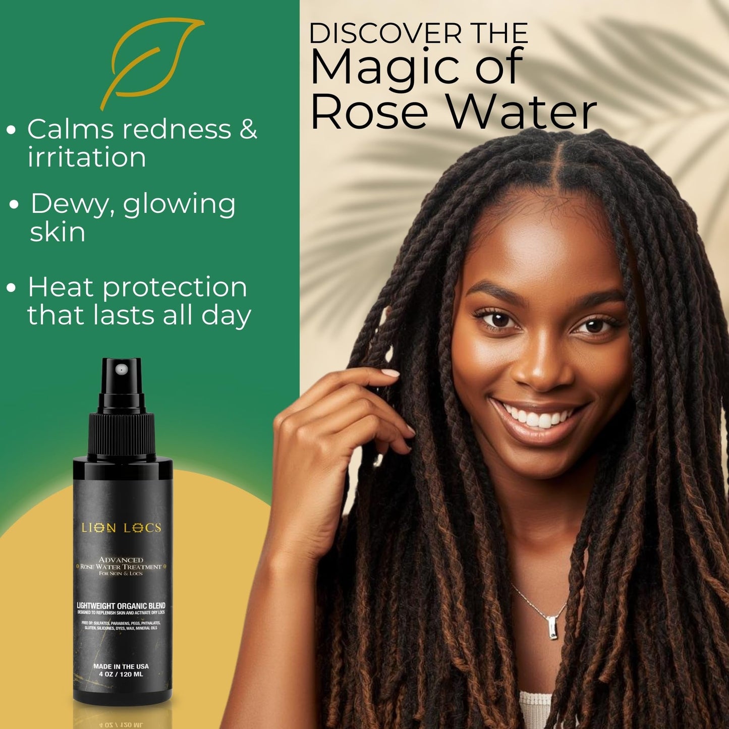 Beard Gains Lion Locs Rosewater Moisturizing Spray | Vegan Rosewater for All Hair Types (4oz) Desert Nectar