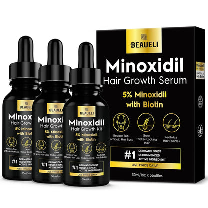 Beaueli 5% Minoxidil for Hair & Beard Growth — Unscented Foam, 3 x 3oz