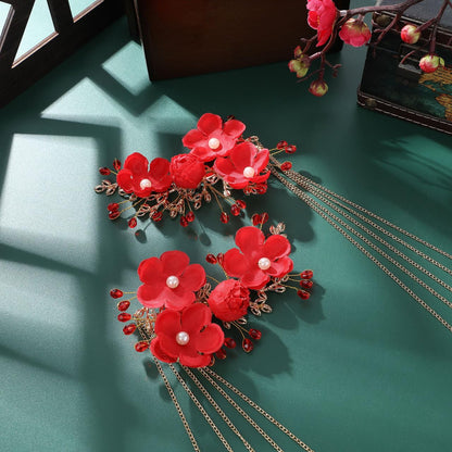 Beaupretty Chinese Wedding Hairpin – Red Tassel, Pearl Hanfu Pins, Vintage Hair Clips for Long Hair