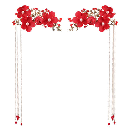 Beaupretty Chinese Wedding Hairpin – Red Tassel, Pearl Hanfu Pins, Vintage Hair Clips for Long Hair