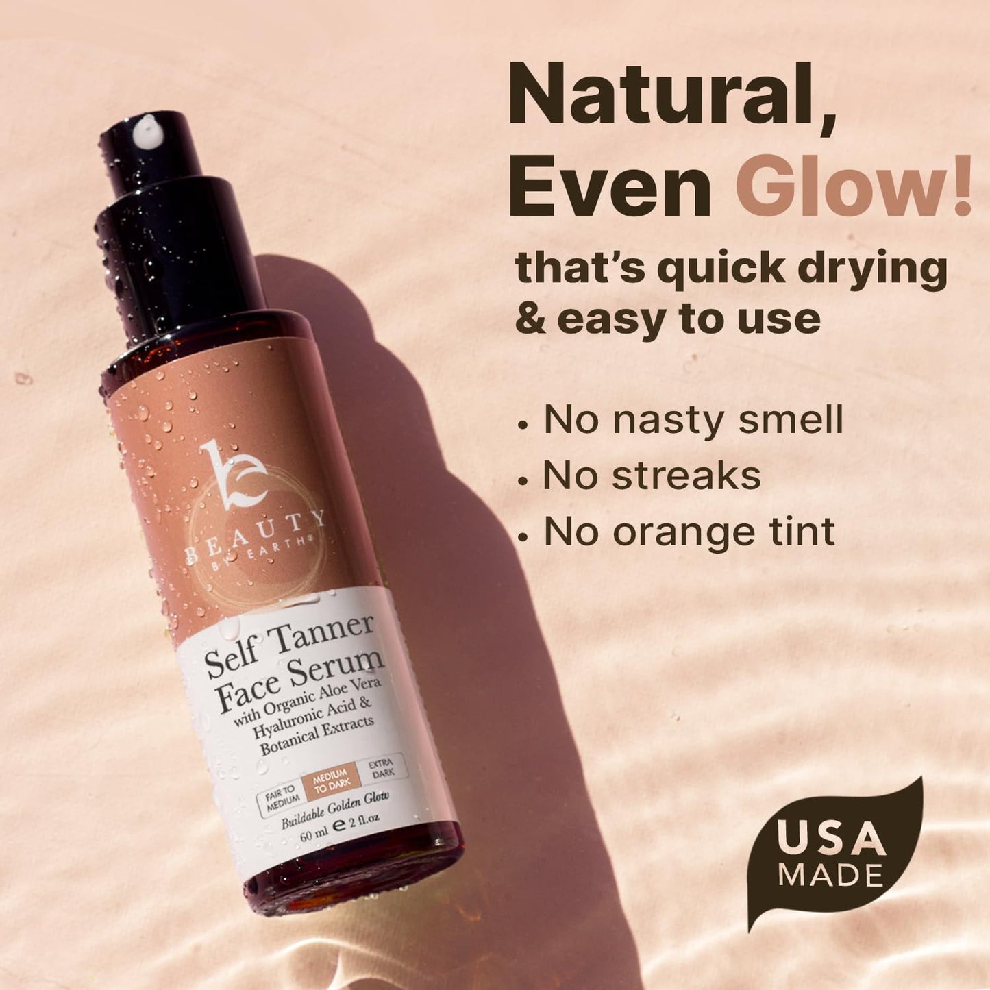 Beauty by Earth Face Tanner Serum – USA Made, Natural & Organic, Hyaluronic Acid, Streak-Free Self Tanner for Face