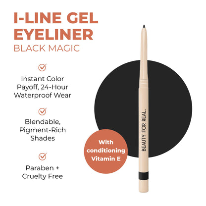 Beauty For Real I-Line 24-7 Eyeliner – Black Magic, Waterproof Gel for Sensitive Eyes | 0.01 oz