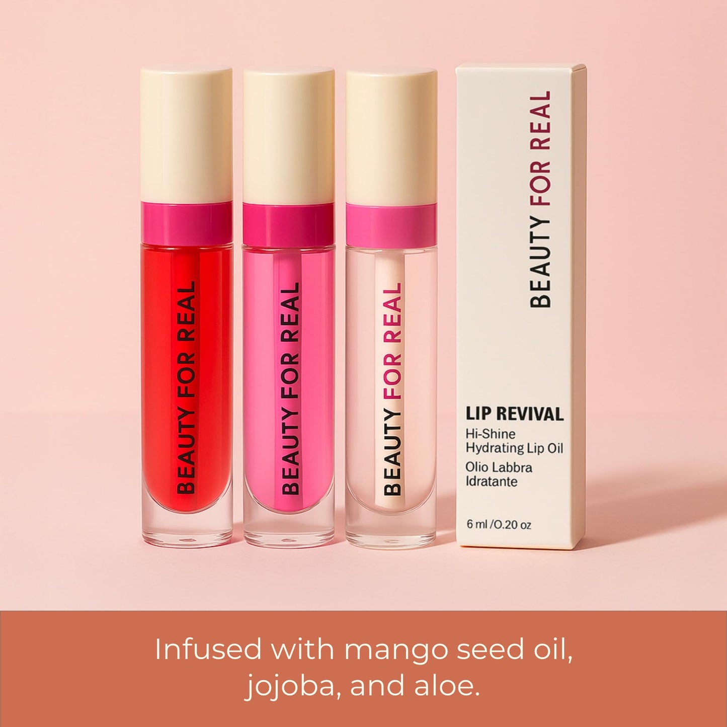 Beauty For Real Lip Revival Hi-Shine Hydrating Lip Oil – Raspberry Beret (Transparent Pink) | Lightweight, Non-Sticky Shine