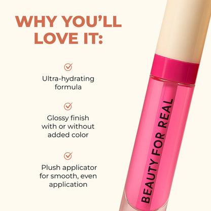 Beauty For Real Lip Revival Hi-Shine Hydrating Lip Oil – Raspberry Beret (Transparent Pink) | Lightweight, Non-Sticky Shine