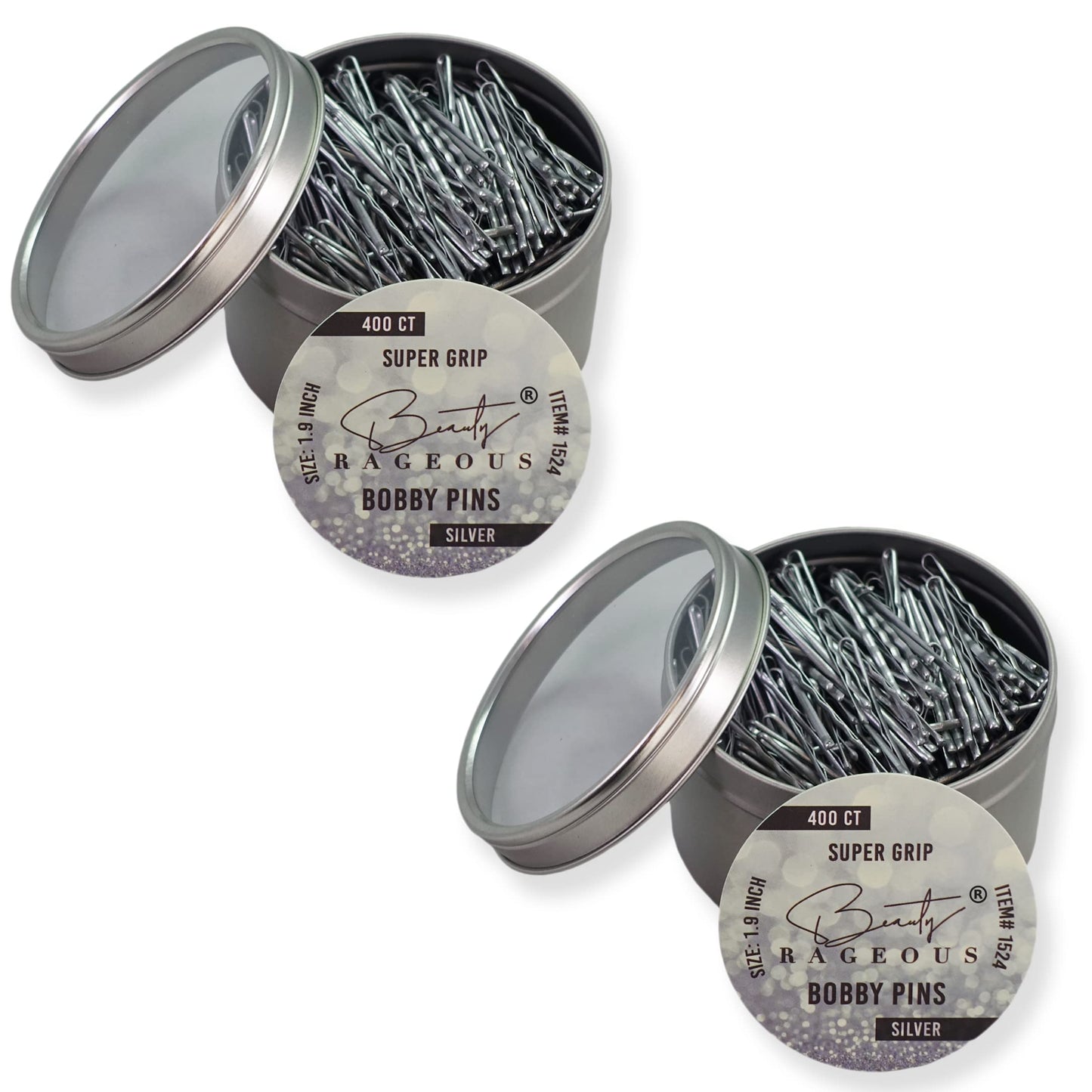 Beauty Rageous Super Grip Bobby Pins 1.9-Inch - Secure All Hair Types in Reusable Tin (Silver, 800 Ct Approx)