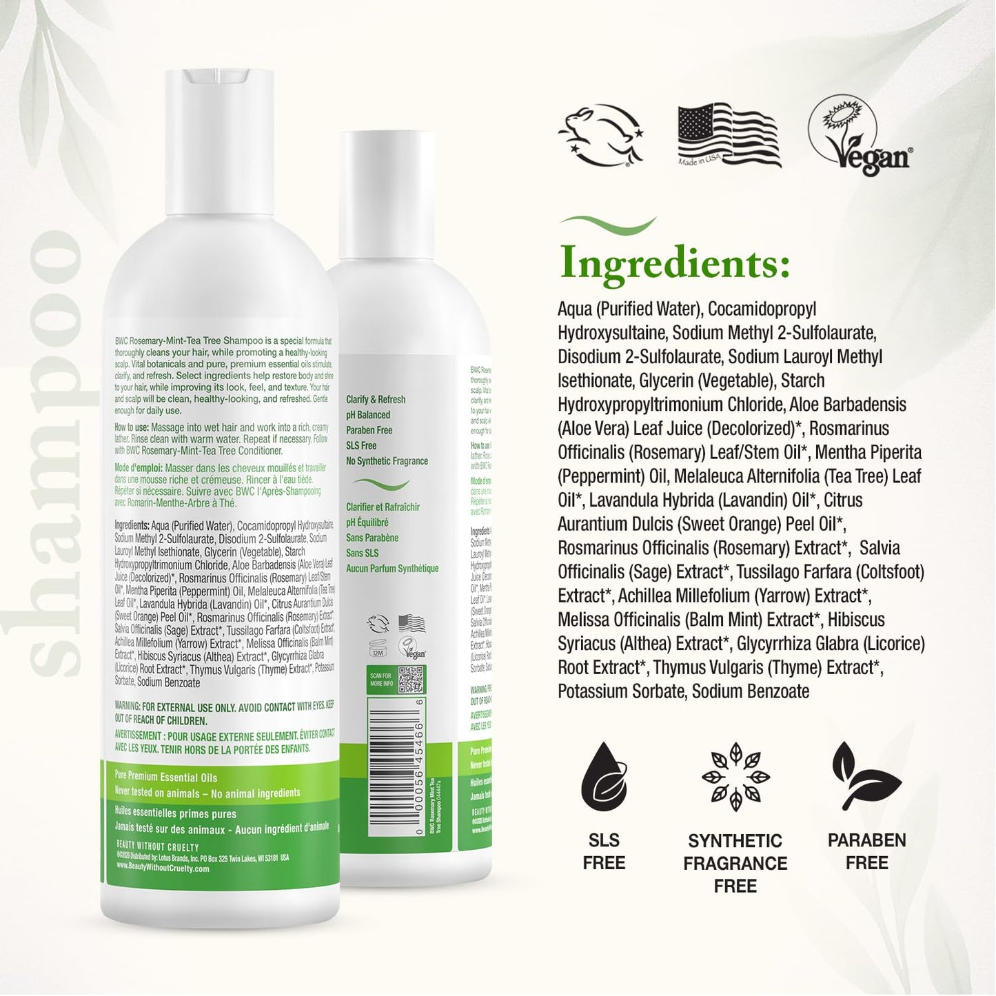 Beauty Without Cruelty Shampoo & Conditioner Set – Rosemary Mint Tea Tree, SLS-Free & Cruelty-Free, 16 oz each