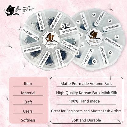 BeautyPros 5D Premade Volume Lash Extension Kit – 1000 Premade Fans, 9-16mm, C-Curl, Pointed Handmade