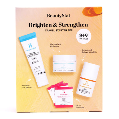 BeautyStat Brighten & Strengthen Travel Starter Kit | Universal C Skin Refiner, Probiotic Moisture Boost Cream & Microbiome Purifying Cleanser + 3 Peels