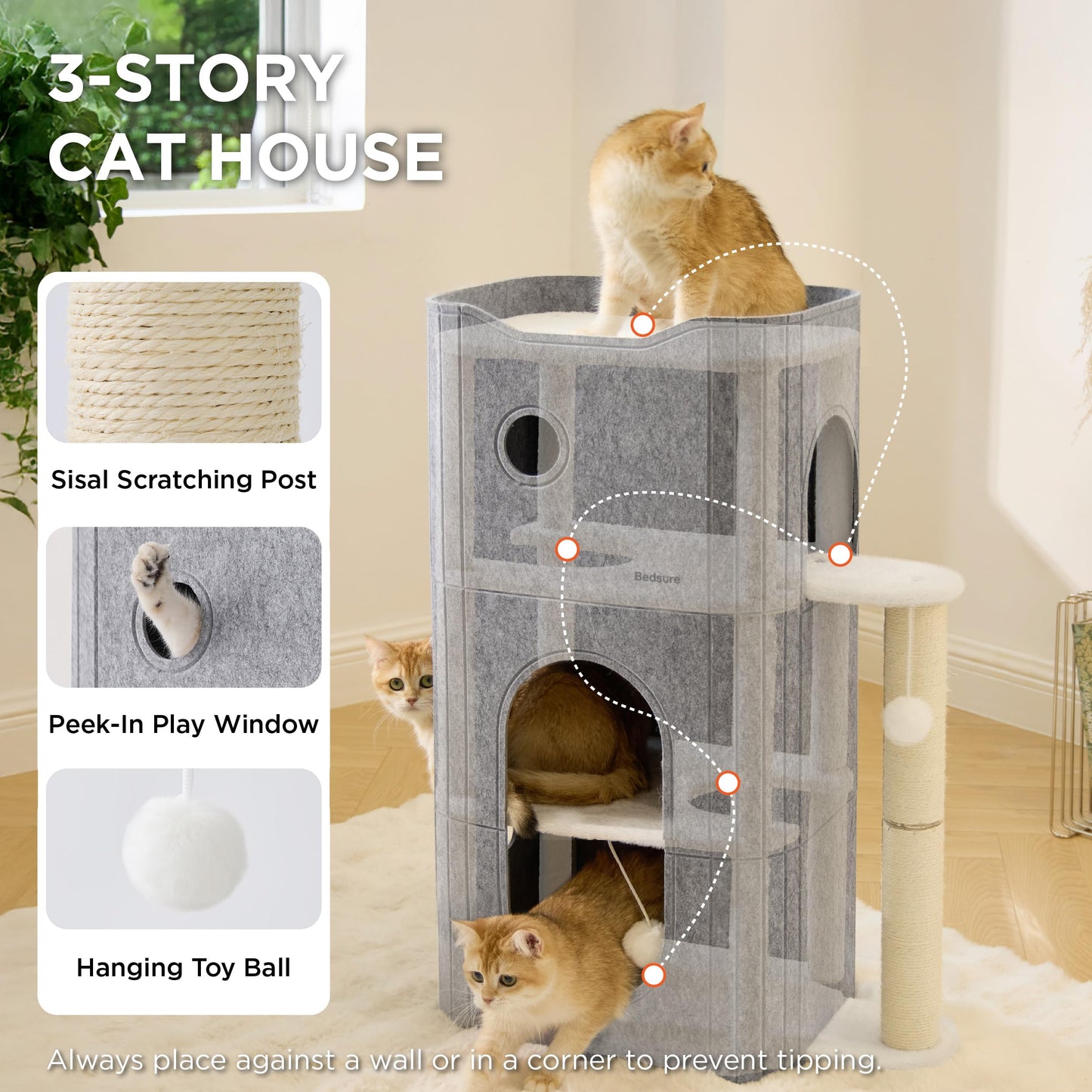Bedsure 3-Level Indoor Cat Bed — Multi-Cat Cat Condo with Scratching Post and Hideaway Cave (Grey)