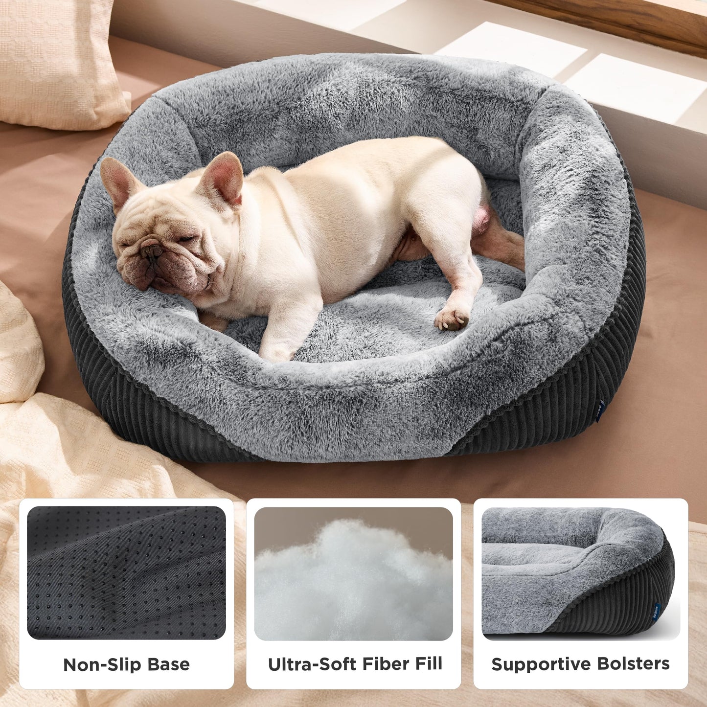 Bedsure Washable Dog Bed – Medium Rectangle Plush Bed, 30x24x8 in, Grey