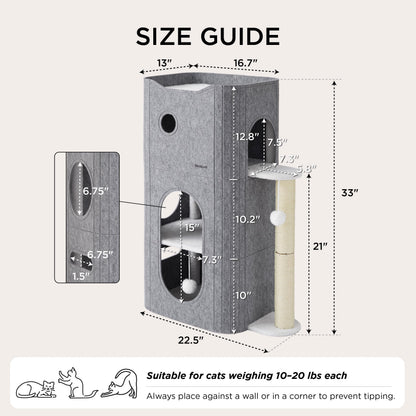 Bedsure 3-Level Indoor Cat Bed — Multi-Cat Cat Condo with Scratching Post and Hideaway Cave (Grey)