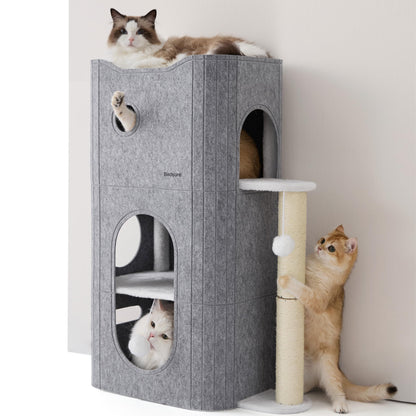 Bedsure 3-Level Indoor Cat Bed — Multi-Cat Cat Condo with Scratching Post and Hideaway Cave (Grey)